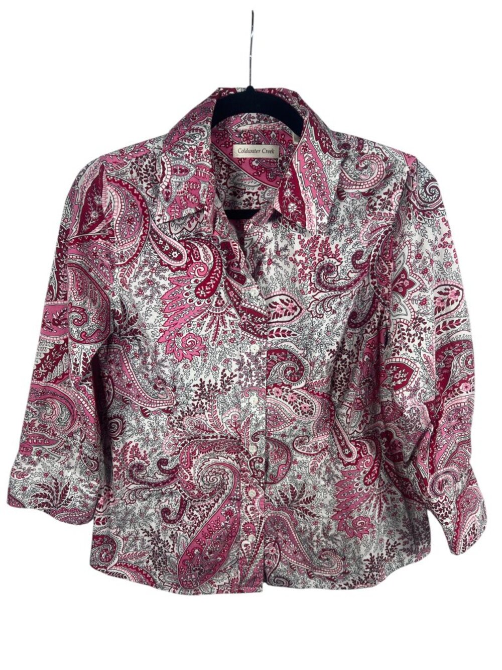 Coldwater Creek Top Womens Medium Button Down Blouse Stretch 3/4 Sleeve Casual